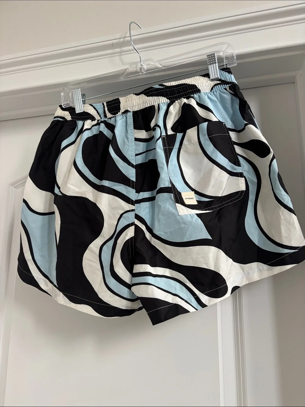 Jacquemus Light Blue Black and Cream Wave-Print Swim Trunks